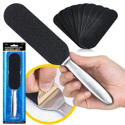Double Sided Foot Care Tool Foot Rasp File Calluses Remover Pedicure Stainless Steel Handle Sand Paper with 10 pcs Sand Paper