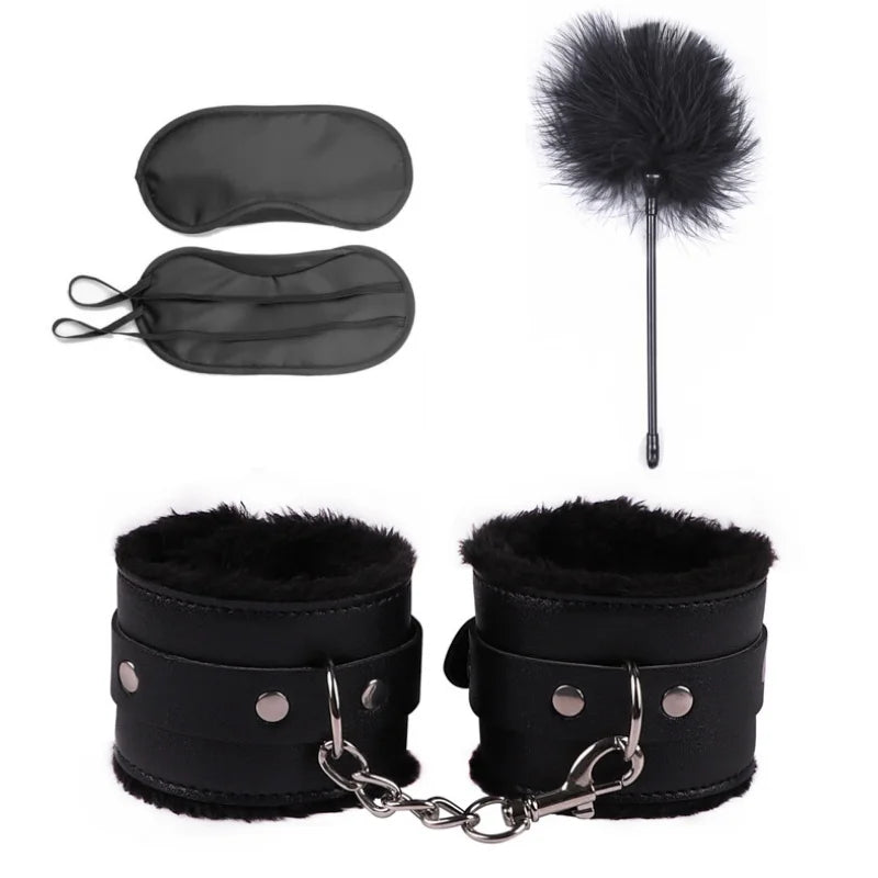 Erotic Bdsm Set Leather Plush Bondage Kit Handcuffs Feather Blindfold Flirt Exotic Accessories Couples Adult Games