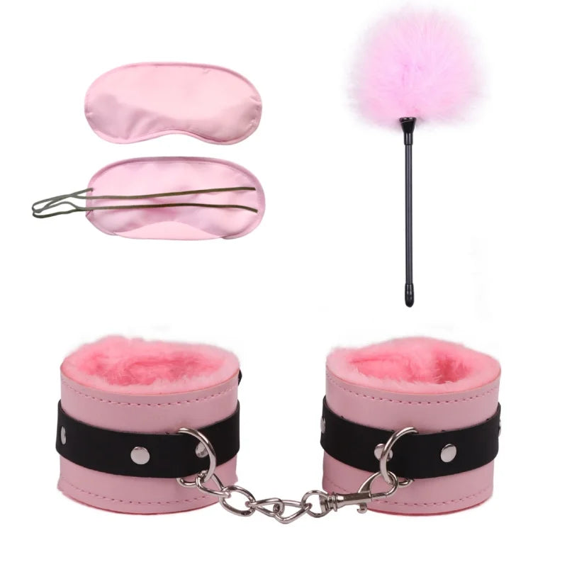 Erotic Bdsm Set Leather Plush Bondage Kit Handcuffs Feather Blindfold Flirt Exotic Accessories Couples Adult Games