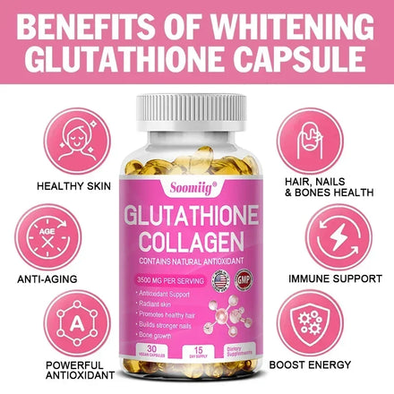 Glutathione Collagen Supplement Capsules Whitening Anti-aging Antioxidant Immune Booster Support Skin Nails Hair Bones