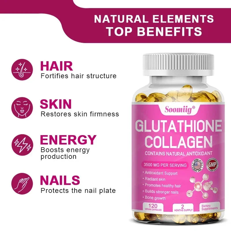 Glutathione Collagen Supplement Capsules Whitening Anti-aging Antioxidant Immune Booster Support Skin Nails Hair Bones