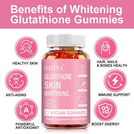 Glutathione Gummies - Contains Omega-3, Vitamin C, Vitamin B12 for Skin Whitening, Anti-Aging, Hair, Nails and Glowing Skin