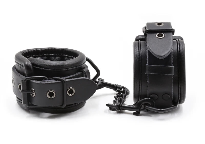 Black Genuine Leather Bdsm Bondage Set 3pcs Restraints Collars Ankle Cuff Handcuffs For Sex Bondage Set Sex Toys For Adults