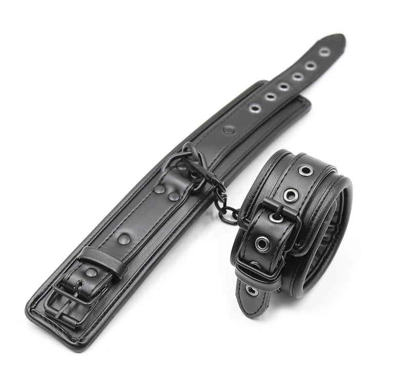 Black Leather Bdsm Bondage Set 3pcs Restraints Collars Ankle Cuff Handcuffs For Sex Bondage Set Sex Toys For Women Adults