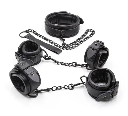 Black Genuine Leather Bdsm Bondage Set 3pcs Restraints Collars Ankle Cuff Handcuffs For Sex Bondage Set Sex Toys For Adults