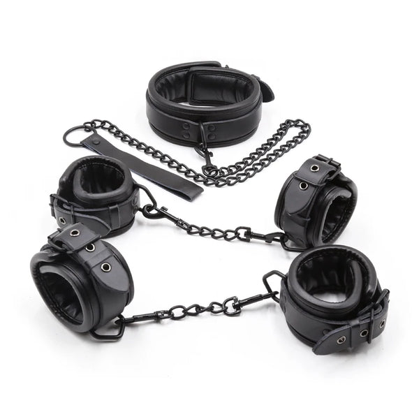 Black Genuine Leather Bdsm Bondage Set 3pcs Restraints Collars Ankle Cuff Handcuffs For Sex Bondage Set Sex Toys For Adults in Pakistan