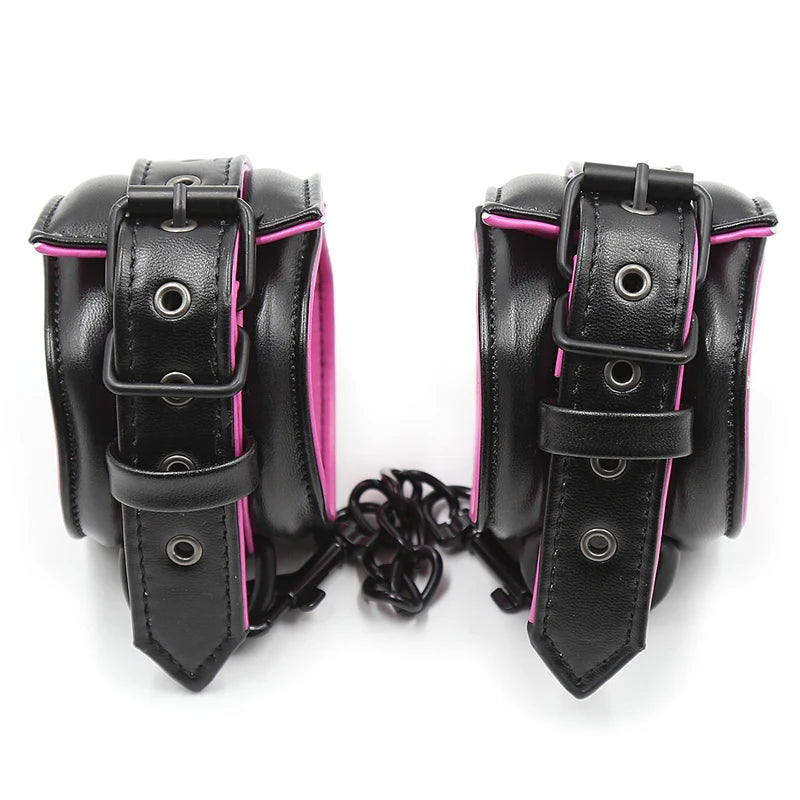 Sex Couple Leather Bdsm Bondage Set 3pcs Restraints Collars Ankle Cuff Handcuffs For Sex Bondage Set Sex Toys For Women Adults