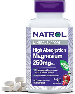 High Absorption Magnesium 250 mg, Dietary Supplement to Support Heart, Nerve, Muscle and Bone Health, 60 Cranberry Apple-Flavored Chewable Tablets, 30 Day Supply in Pakistan