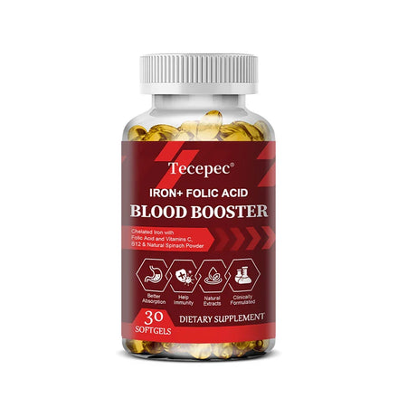 Iron + Folic Acid Blood Booster - Chelated Iron & Folic Acid, Vitamin C, B12 and Natural Spinach Powder for Better Absorption