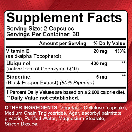 KENOFOR Ubiquinol CoQ10 400 mg Softgel Antioxidant - Superior Absorption, Active Form Immune and Skin Support
