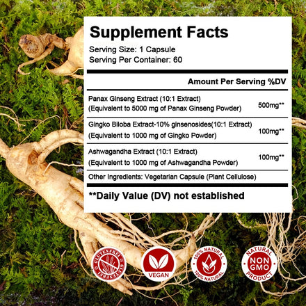 Korean Red Panax Male Energy Supplement Ginseng Ginkgo Biloba Ashwagandha for Focus, Memory, Brain, kidney