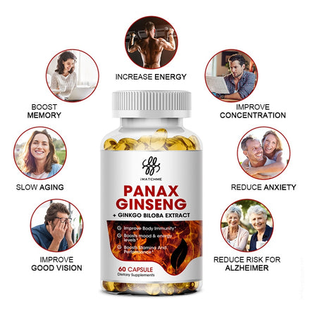 Korean Red Panax Male Energy Supplement Ginseng Ginkgo Biloba Ashwagandha for Focus, Memory, Brain, kidney
