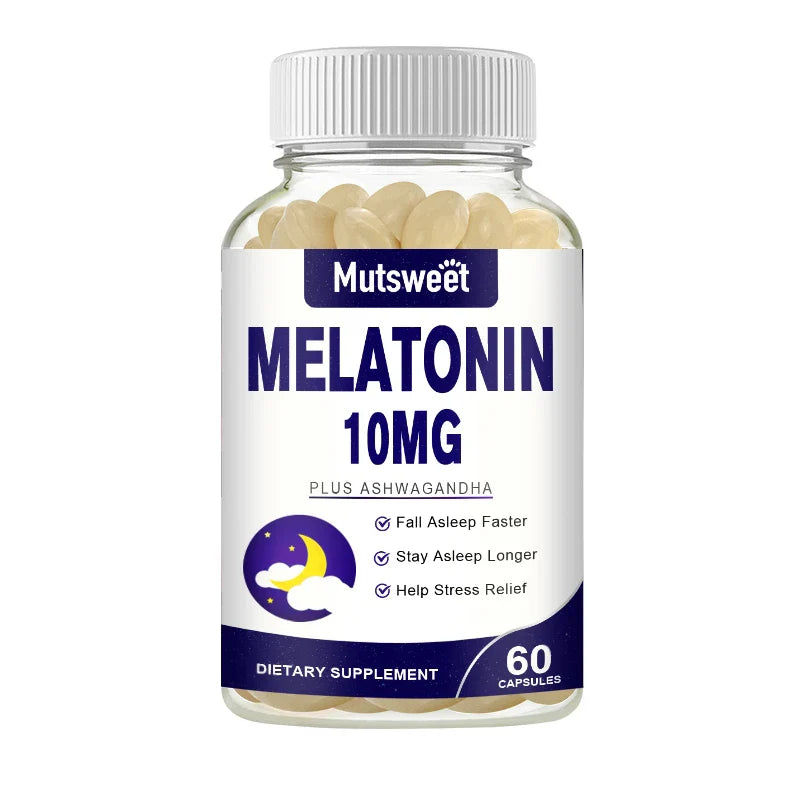 MUTSWEET Naturally Sourced Ingredients Melatonin Capsules with Ashwagandha Herbal Supplement with Vegan Valerian Root Vitamin D