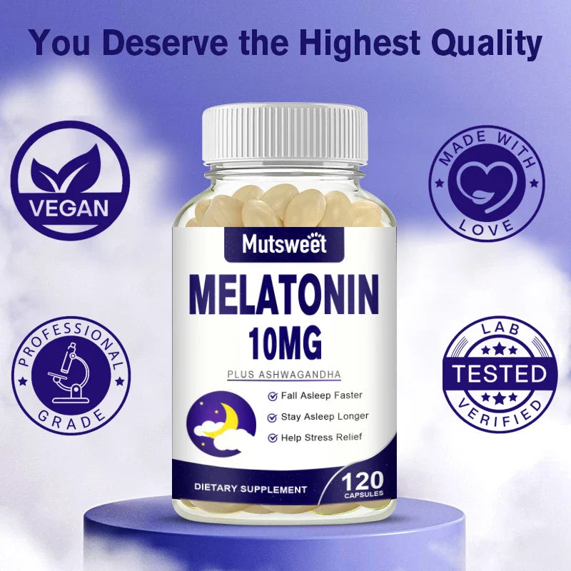 MUTSWEET Naturally Sourced Ingredients Melatonin Capsules with Ashwagandha Herbal Supplement with Vegan Valerian Root Vitamin D
