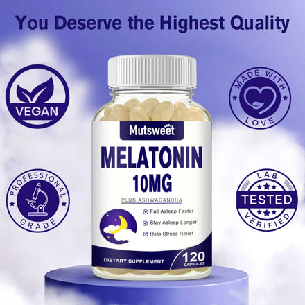 MUTSWEET Naturally Sourced Ingredients Melatonin Capsules with Ashwagandha Herbal Supplement with Vegan Valerian Root Vitamin D