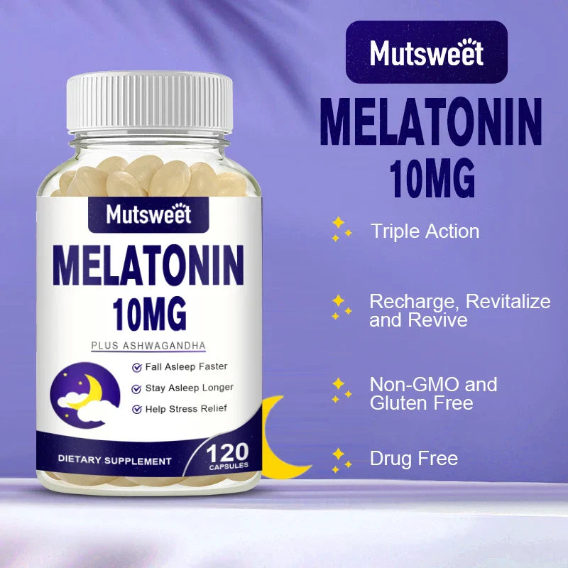 MUTSWEET Naturally Sourced Ingredients Melatonin Capsules with Ashwagandha Herbal Supplement with Vegan Valerian Root Vitamin D