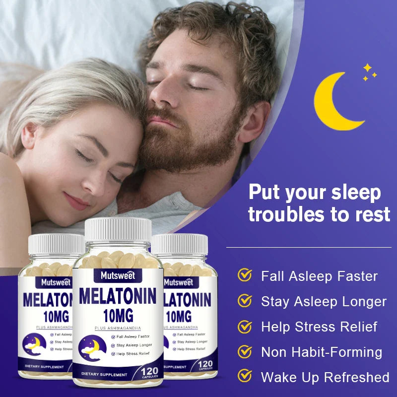 MUTSWEET Naturally Sourced Ingredients Melatonin Capsules with Ashwagandha Herbal Supplement with Vegan Valerian Root Vitamin D