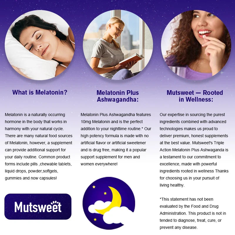 MUTSWEET Naturally Sourced Ingredients Melatonin Capsules with Ashwagandha Herbal Supplement with Vegan Valerian Root Vitamin D