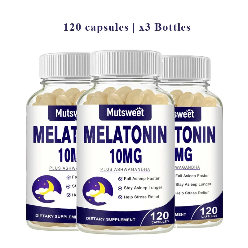 MUTSWEET Naturally Sourced Ingredients Melatonin Capsules with Ashwagandha Herbal Supplement with Vegan Valerian Root Vitamin D