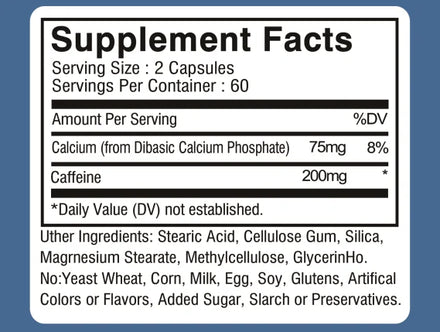 Maximum Potency Caffeine Capsules 200mg, Provide Energy and Focus, Reduce Fatigue, Increase Stamina,