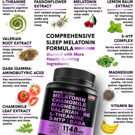 Melatonin 6 Mg Natural Sleep Aid, Sleep Supplement with Theanine, 5 HTPs, GABA, Valerian Root, Chamomile, Vitamin B6, Aids Sleep