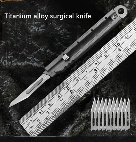 Mini Titanium Alloy Surgical Knife Outdoor Camping Open Box Portable Art Push Knife with 10pcs Blades