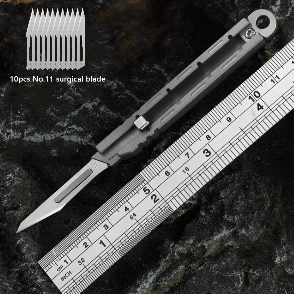 Mini Titanium Alloy Surgical Knife Outdoor Camping Open Box Portable Art Push Knife with 10pcs Blades