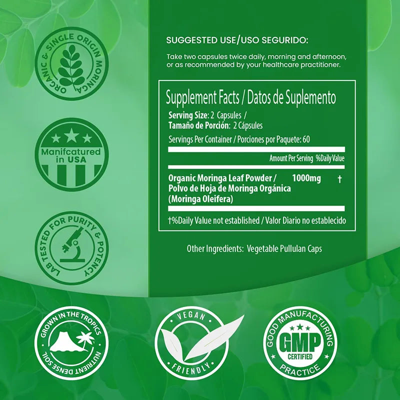 Moringa Oleifera 1000mg Capsuels with Organic Moringa Leaf Powder Antioxidant & Immune Support Energy Booster