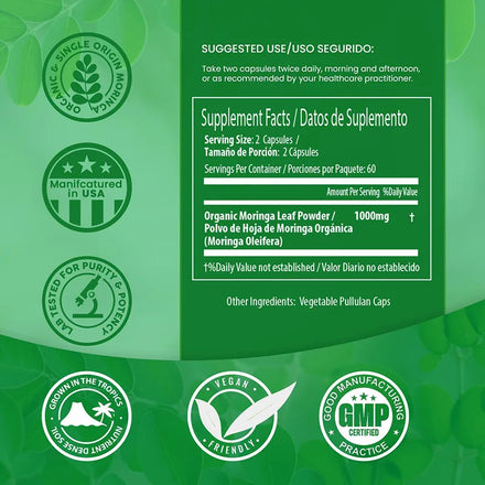 Moringa Oleifera 1000mg Capsuels with Organic Moringa Leaf Powder Antioxidant & Immune Support Energy Booster