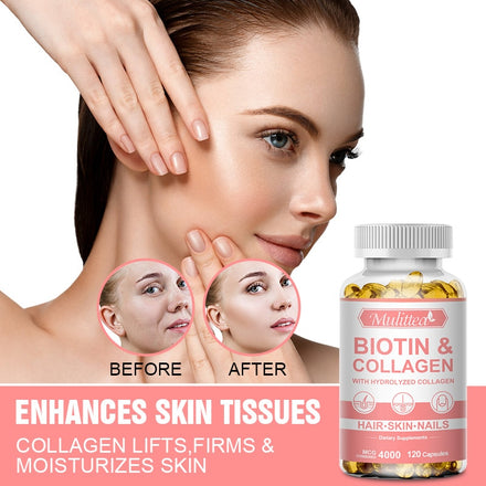 Mulittea Biotin with Collagen Supplement Protein Support Anti Aging Strong Nails Shiny Hair Glowing Smooth Skin Muslim Capsules