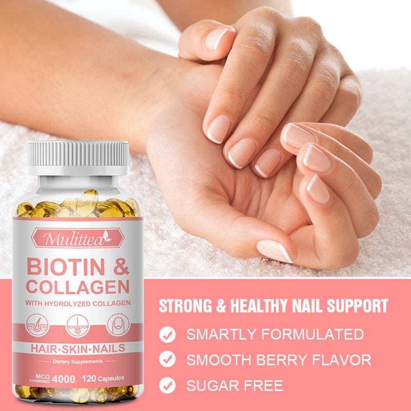 Mulittea Biotin with Collagen Supplement Protein Support Anti Aging Strong Nails Shiny Hair Glowing Smooth Skin Muslim Capsules