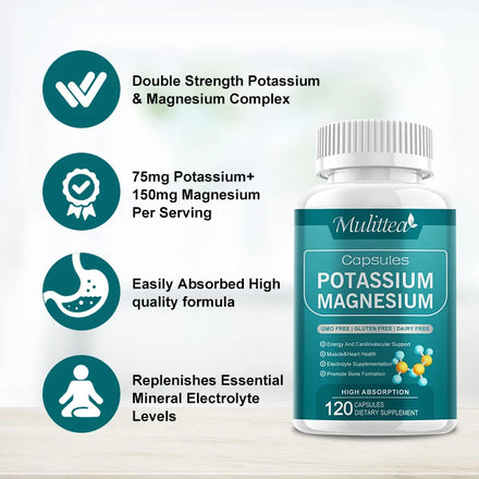 Mulittea Easily Absorbed Complex Potassium Magnesium Supplement Capsules for For Leg Spasms Muscle& Bone and Heart Health