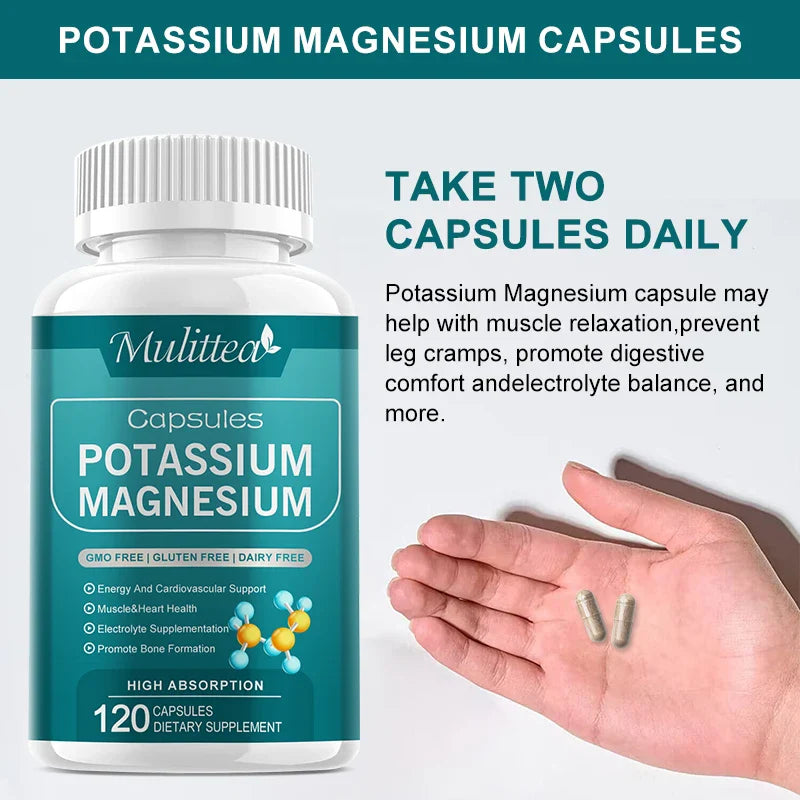 Mulittea Easily Absorbed Complex Potassium Magnesium Supplement Capsules for For Leg Spasms Muscle& Bone and Heart Health