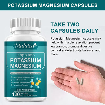 Mulittea Easily Absorbed Complex Potassium Magnesium Supplement Capsules for For Leg Spasms Muscle& Bone and Heart Health
