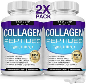 Multi Collagen Peptides Pills 1800 Mg Complex - Type I, II, III, V, X Premium Collagen Complex for Better Skin & Hair, Strong Joint, Hydrolyzed Protein, for Men Women, 90 Capsules, Supplement in Pakistan
