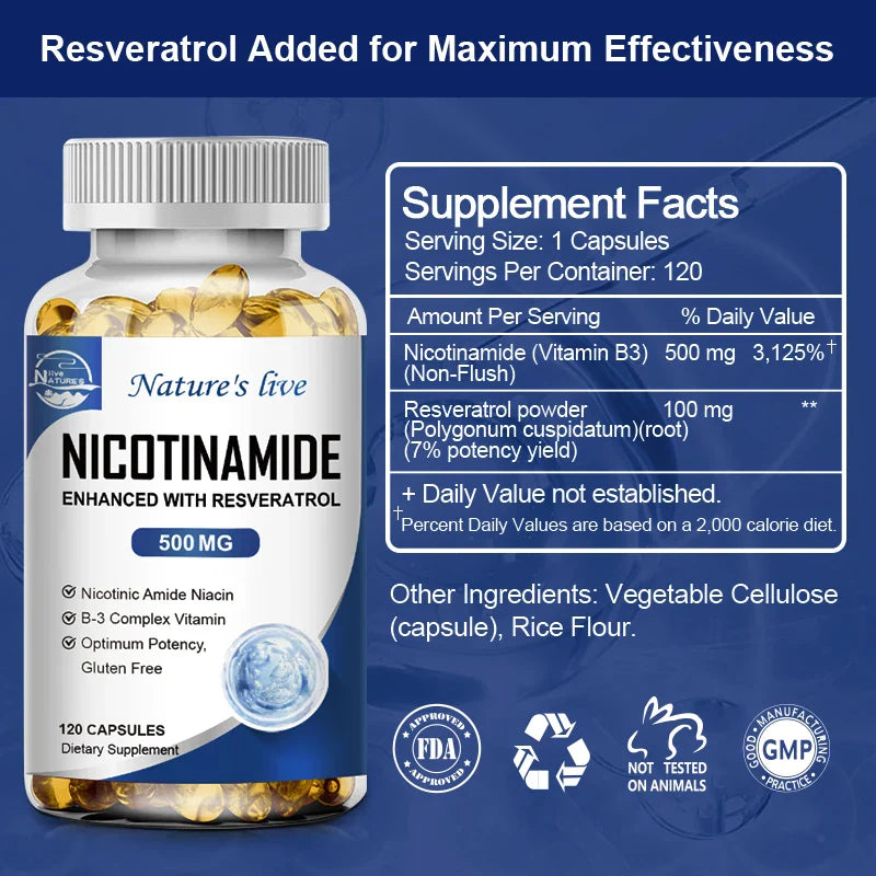 NATURE'S LIVE Nicotinamide Resveratrol 500MG, Anti-aging NAD Supplement 120/240/480 Capsules