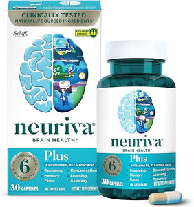 NEURIVA Plus Brain Supplement for Memory and Focus Clinically Tested Nootropics for Concentration for Mental Clarity, Cognitive Enhancement Vitamins B6, B12, Phosphatidylserine 30 Capsules in Pakistan