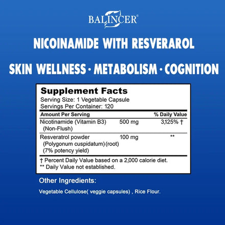 Niacinamide with Resveratrol - 120 Veggie Capsules, Vitamin B3 500 Mg - Supplement To Support NAD, Skin Cell Health and Energy