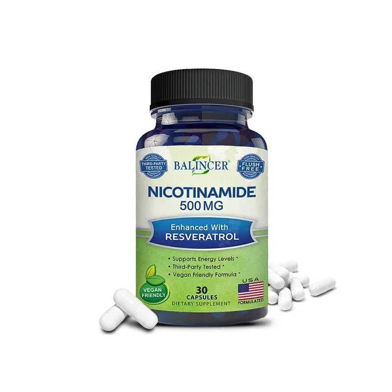 Niacinamide with Resveratrol - 120 Veggie Capsules, Vitamin B3 500 Mg - Supplement To Support NAD, Skin Cell Health and Energy
