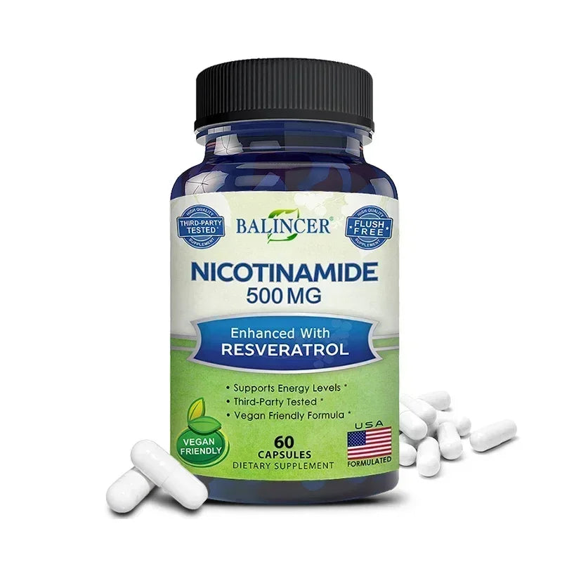 Niacinamide with Resveratrol - 120 Veggie Capsules, Vitamin B3 500 Mg - Supplement To Support NAD, Skin Cell Health and Energy