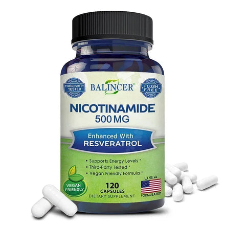 Niacinamide with Resveratrol - 120 Veggie Capsules, Vitamin B3 500 Mg - Supplement To Support NAD, Skin Cell Health and Energy
