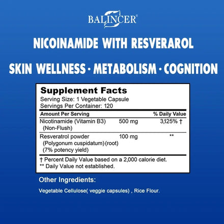 Niacinamide with Resveratrol - 120 Veggie Capsules, Vitamin B3 500 Mg - Supplement To Support NAD, Skin Cell Health and Energy
