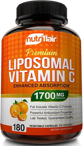 NutriFlair Liposomal Vitamin C 1700mg, 180 Capsules - High Absorption, Fat Soluble VIT C, Antioxidant Supplement, Higher Bioavailability Immune System Support & Collagen Booster, Non-GMO, Vegan Pills in Pakistan