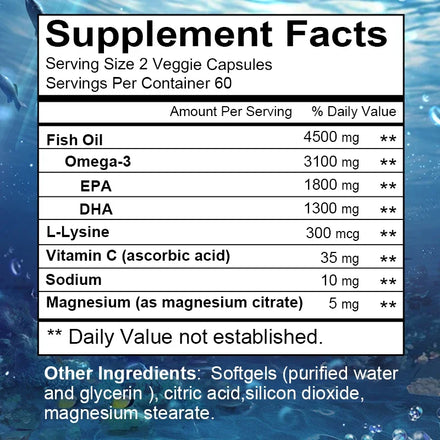 Omega 3 Fish Oil Capsules Triple Strength 4500 Mg EPA & DHA High Antioxidant Brain Heart Health, Helps Immune Cognitive Function