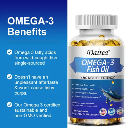 Omega 3 Fish Oil Capsules Triple Strength 4500 Mg EPA & DHA High Antioxidant Brain Heart Health, Helps Immune Cognitive Function