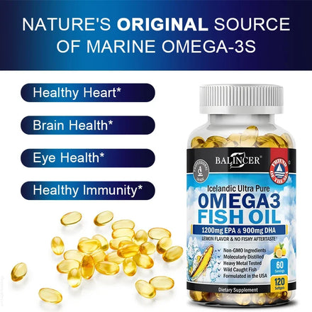Omega 3 Fish Oil Capsules - Ultra-Pure Supplement - Promotes Joint, Eye, Skin Health, Supports Fatty Acids, Immune Support