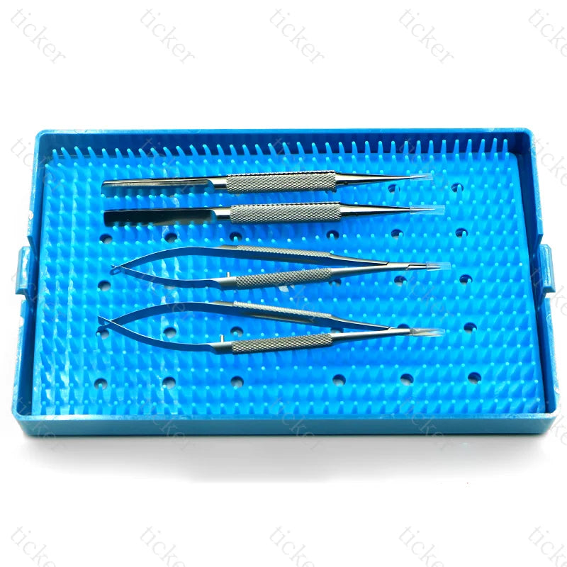 Ophthalmology 4-piece micro-instrument suture set stainless steel hand surgical corneal scissors titanium alloy tweezers holding