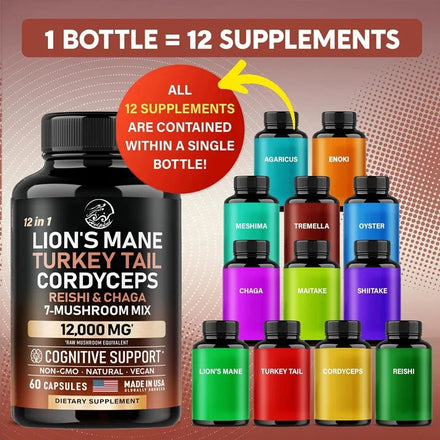 Organic Lion Mane Turkey Tail, Cordyceps sinensis, Ganoderma lucidum, Mushroom, and Oyster 12 in 1 Complex 12000 mg, 60 capsules