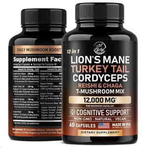 Organic Lion Mane Turkey Tail, Cordyceps sinensis, Ganoderma lucidum, Mushroom, and Oyster 12 in 1 Complex 12000 mg, 60 capsules