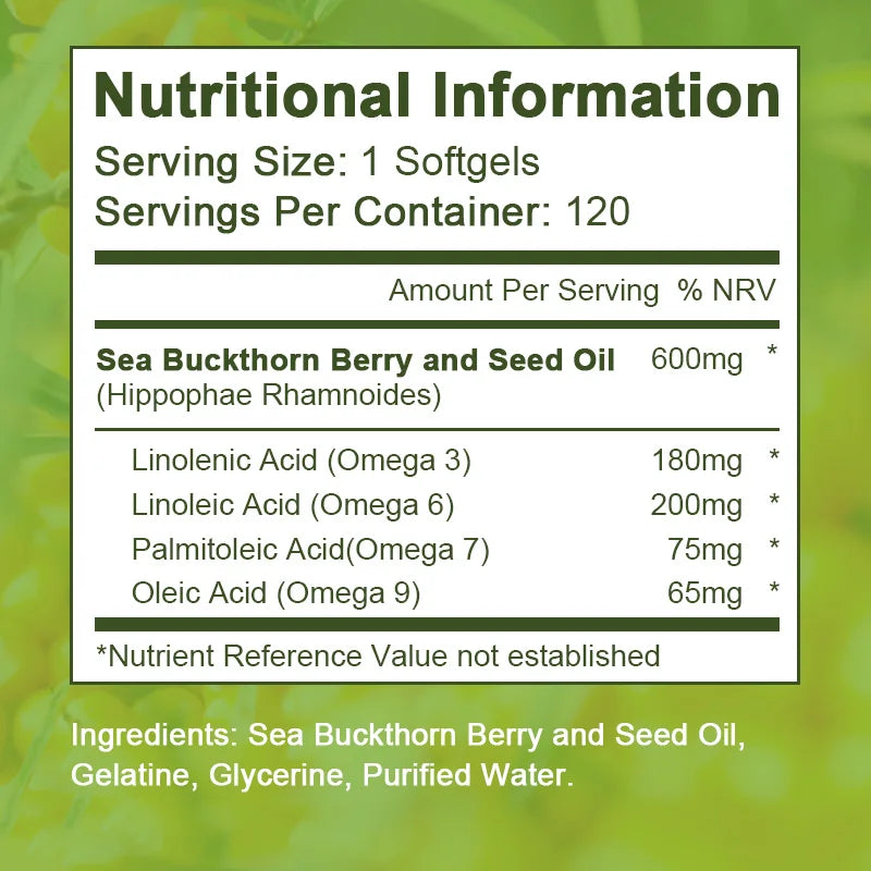 Organic Omega-7 Sea Buckthorn Seed Oil Capsule for Heart, Immune Support, and Intestinal Health, Healthy Skin, Hair and Nails
